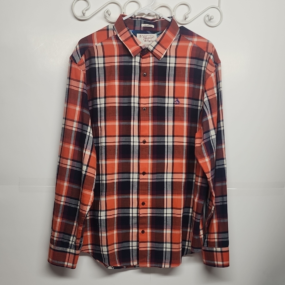 Penguin by Munsing wear sz XL UNISEX plaid Shirt. Orange, blue& Purple. Comfy.